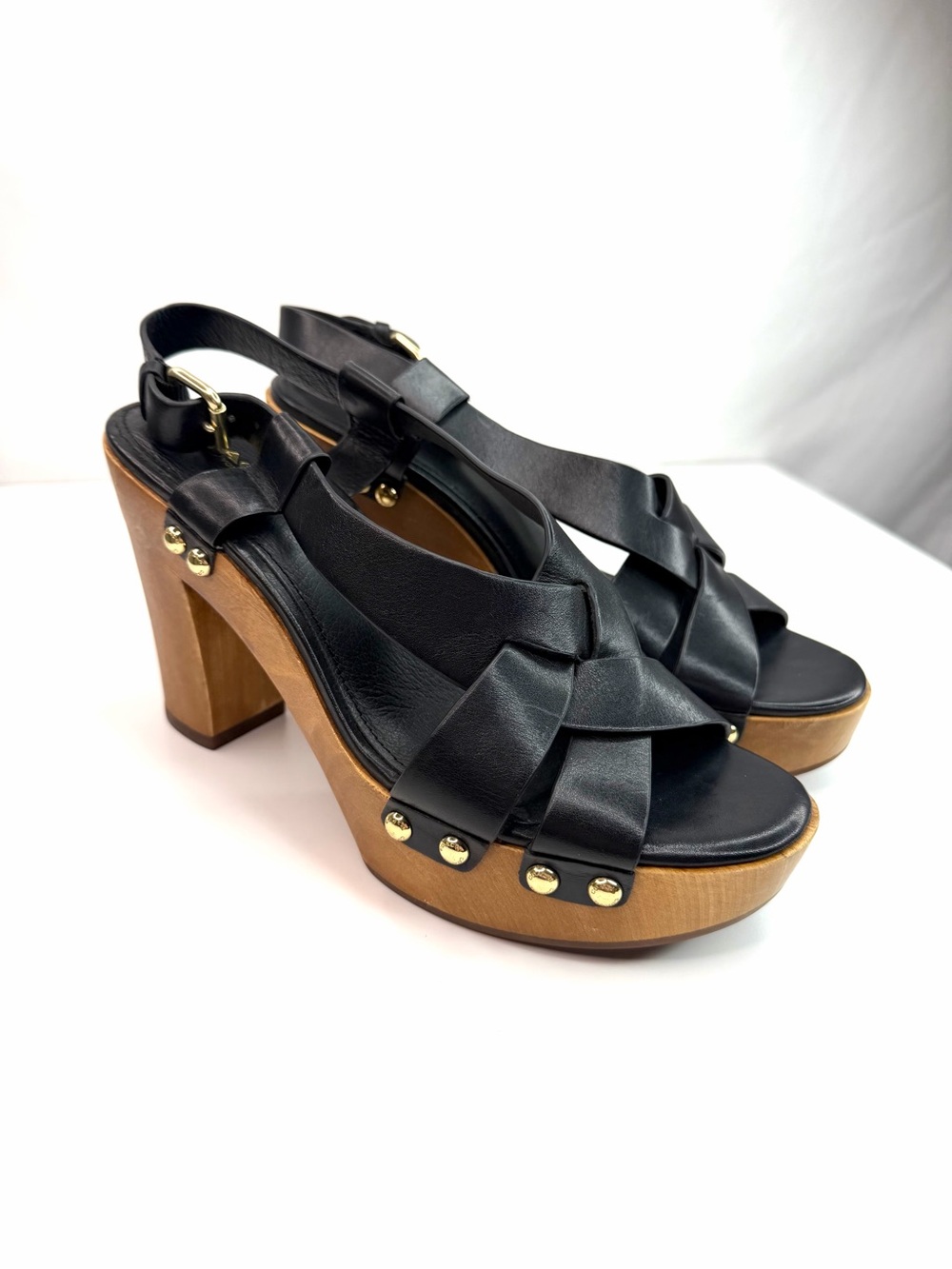 Coach Black Adessa Leather Platform Slingback Wood Heel Sandals